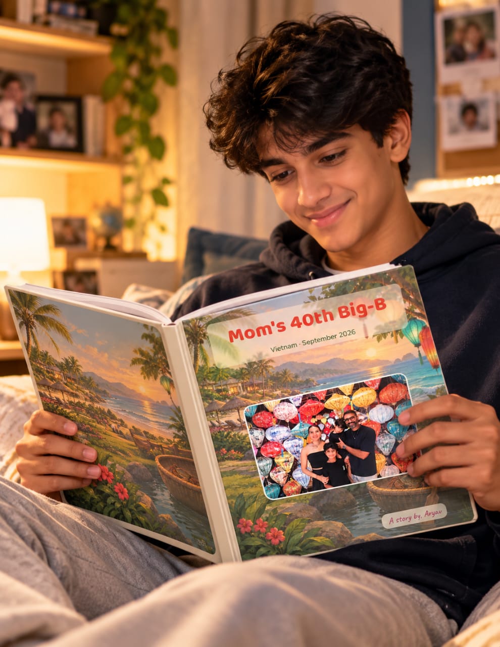 A young man smiling as he reads a family story album in warm evening light