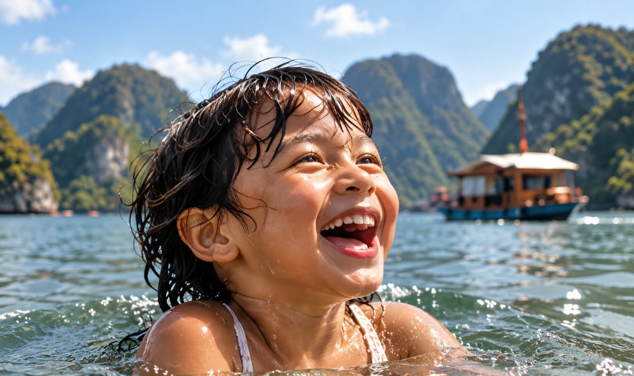 A child laughing in the sea, with mountains and a boat behind