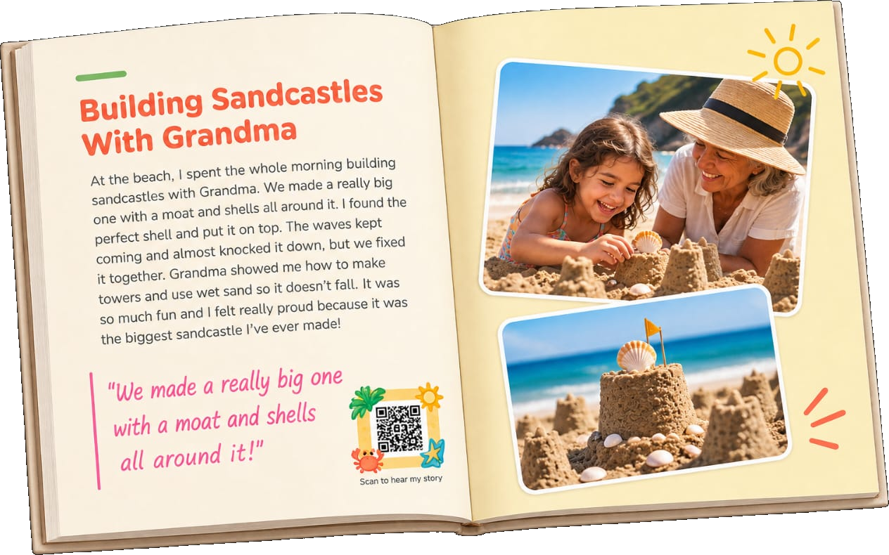 An opened Kiddo album showing Building Sandcastles With Grandma, seaside photographs and a recording QR code