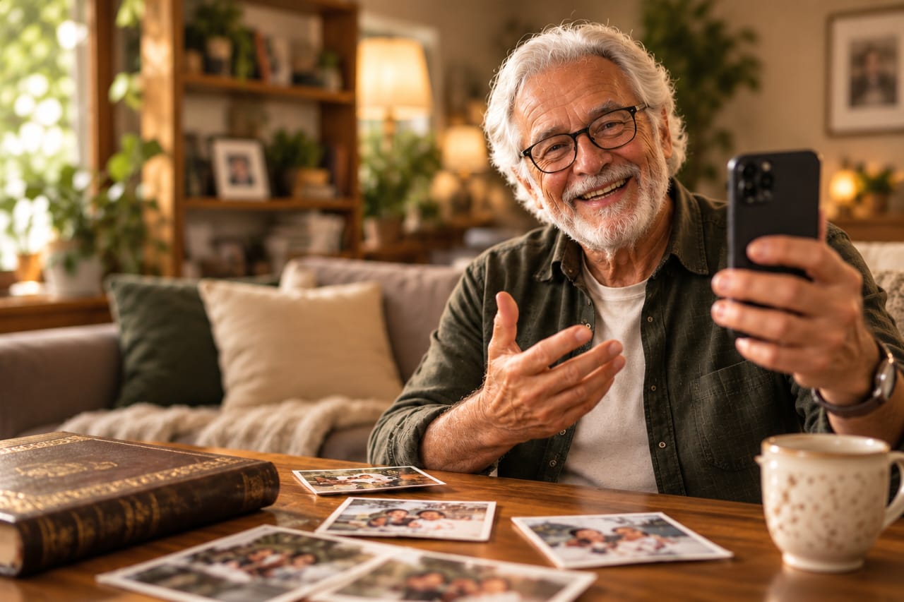 A grandfather with white hair and glasses recording on his phone, with old prints, an album and a cup on the table